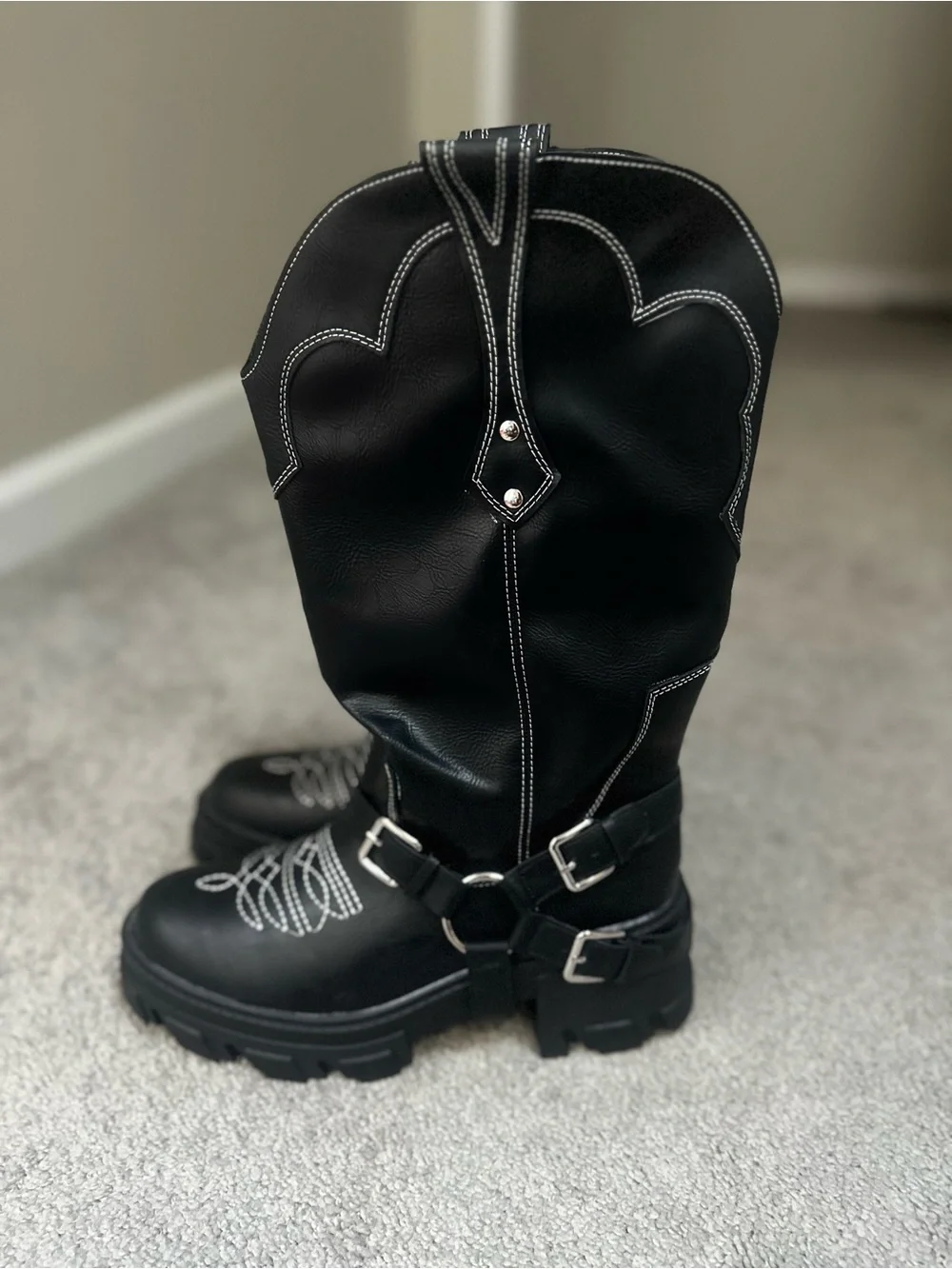 Black Western-Style Harness Chunky Sole Boots